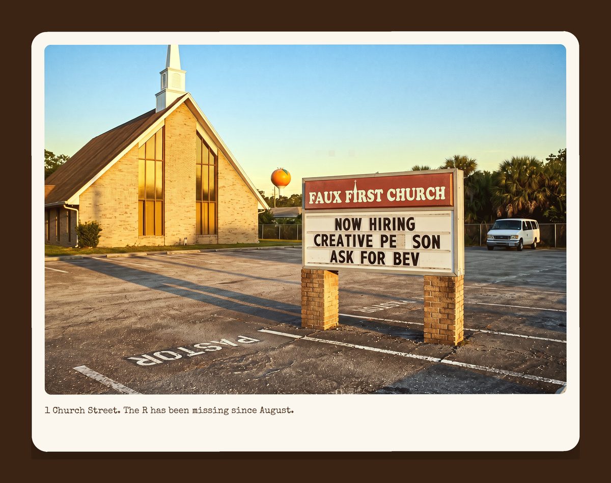 The tan-brick A-frame church at golden hour with a white steeple, the changeable-letter sign reading NOW HIRING, CREATIVE PE SON, ASK FOR BEV, a PASTOR parking space, and the water tower painted like an orange behind the palms.