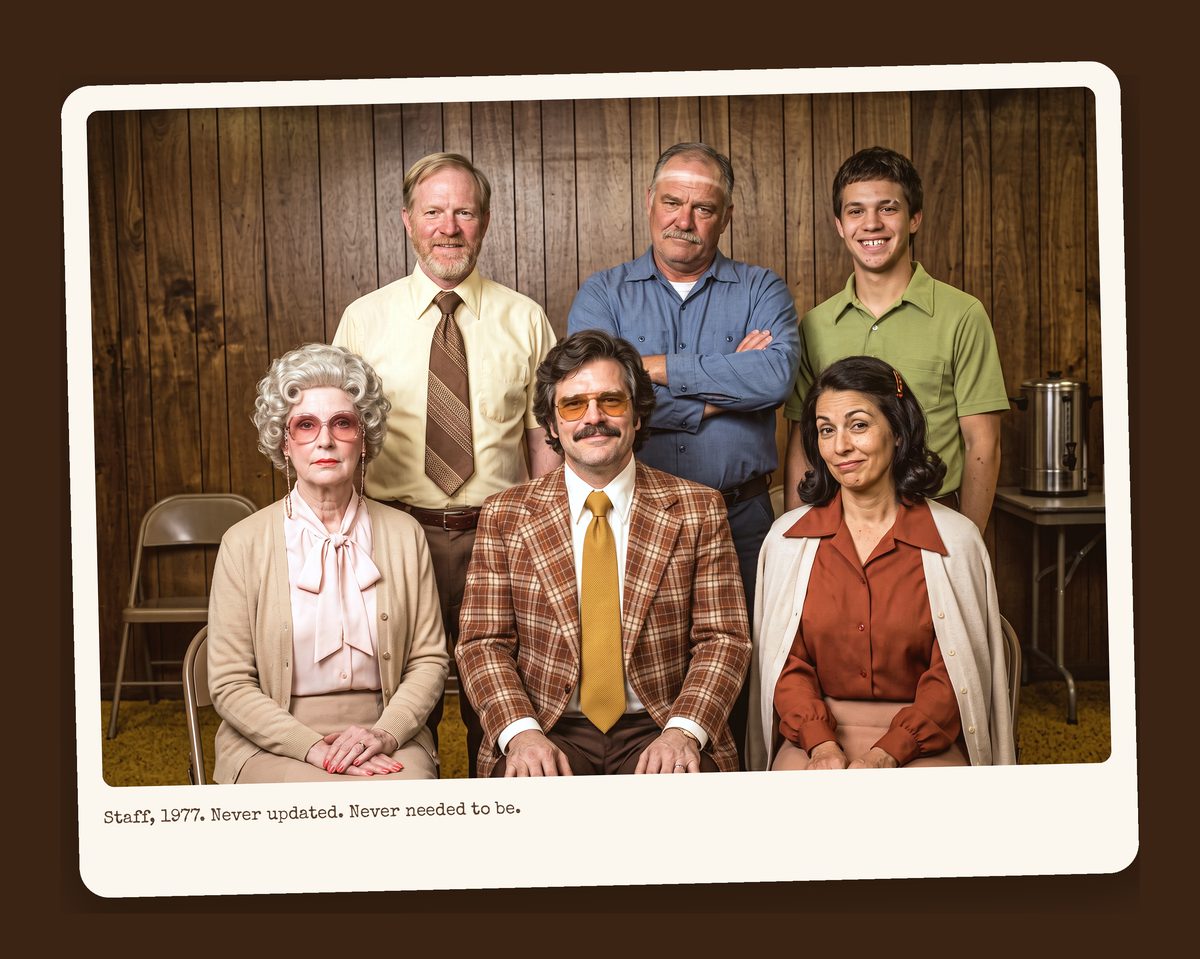 The Faux First staff in two rows against wood paneling: Bev, Gary, Dale, Big Dale, Tanner and Sharon, with the Anchored banner behind them.
