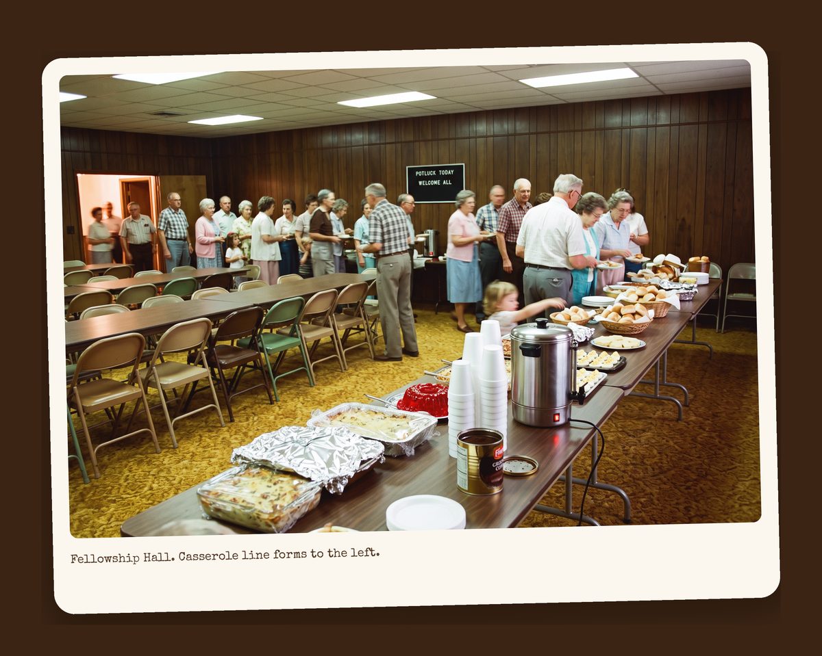 The fellowship hall casserole line: folding tables with brown laminate tops loaded with foil pans, Styrofoam cups, and a line of congregants waiting with plates.