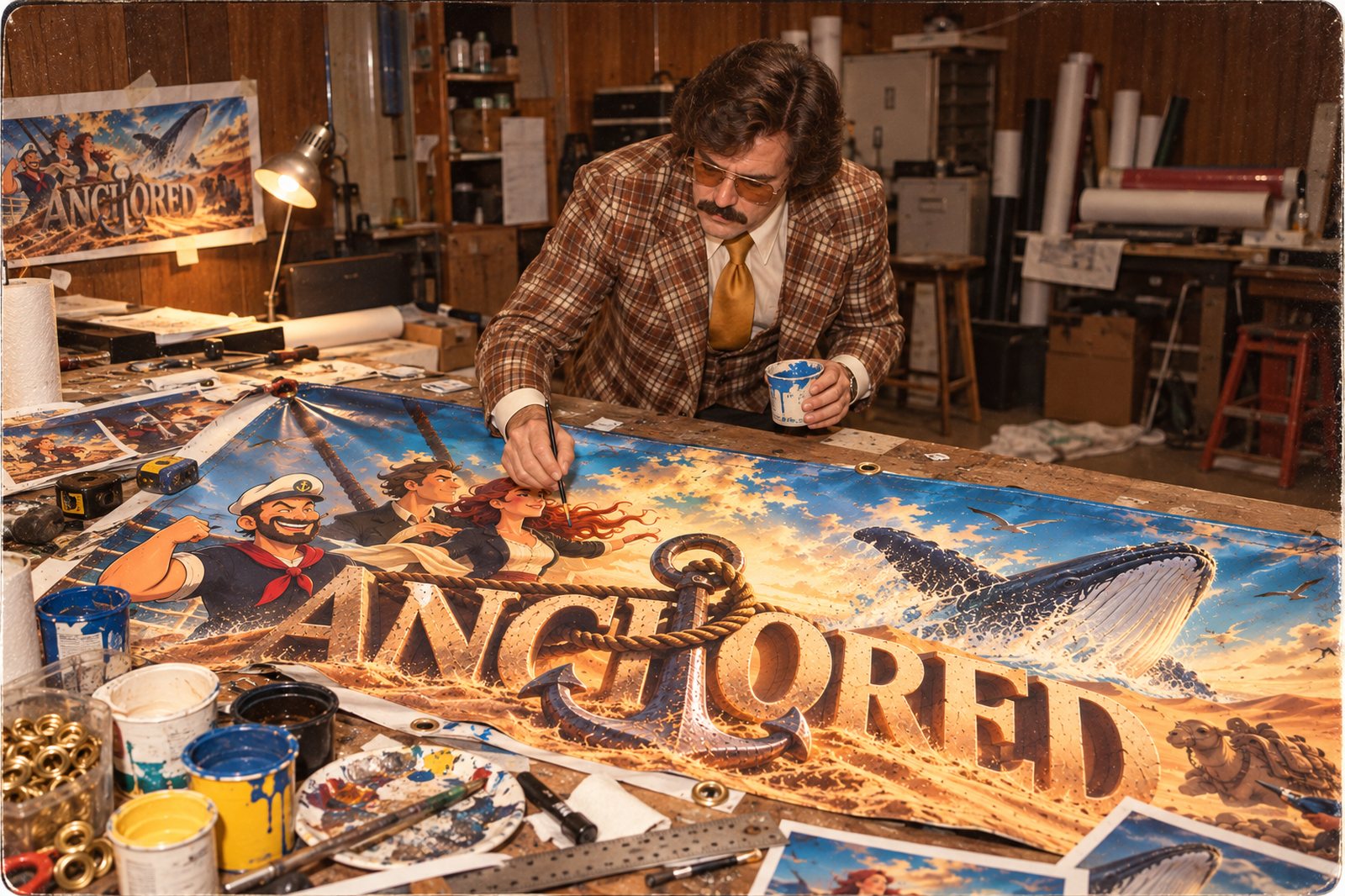 Pastor Dale leaning over the Anchored banner on a cluttered worktable, brush in hand, touching up the whale, with paint cups and brass grommets around him.